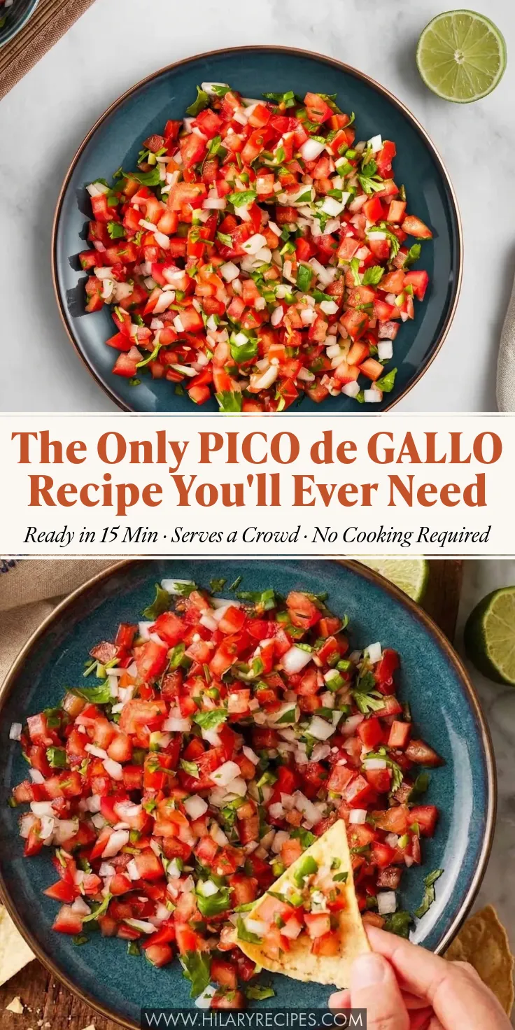 A vertical Pinterest graphic featuring two overhead photos of fresh pico de gallo in a dark blue bowl. The center text banner reads, "The Only PICO de GALLO Recipe You'll Ever Need. Ready in 15 Min • Serves a Crowd • No Cooking Required." In the bottom photo, a hand is scooping the salsa with a tortilla chip.