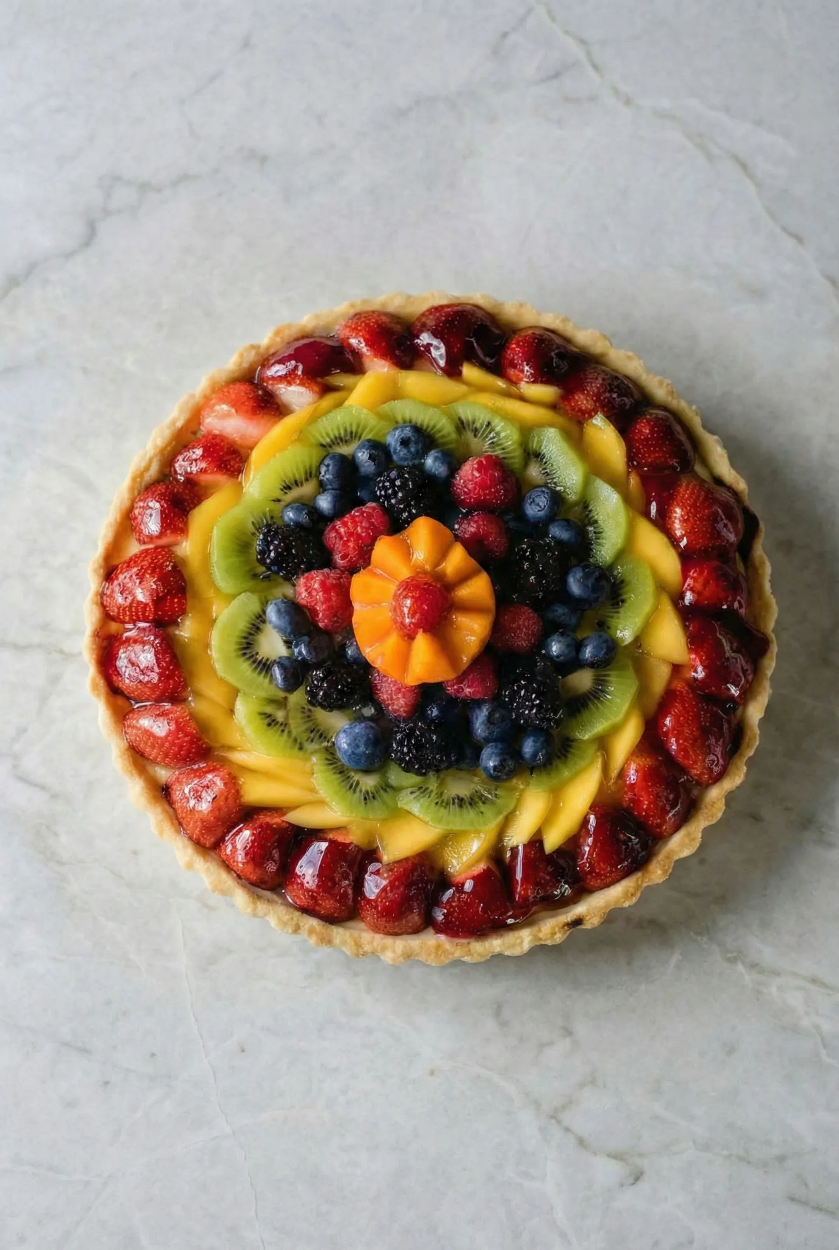 fresh fruit tart Overhead shot of a glossy fresh fruit tart on a white marble countertop, showcasing a golden fluted crust and beautiful concentric circles of glazed strawberries, mango slices, kiwi, and mixed berries.