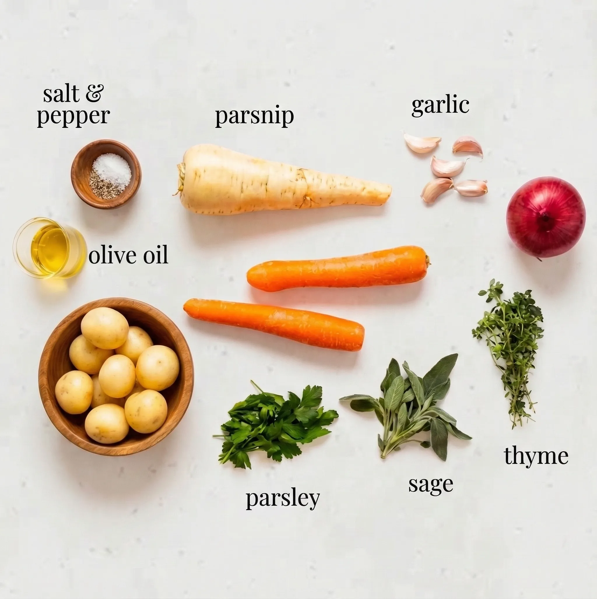 Overhead view of raw ingredients for perfect roasted vegetables, including baby potatoes, carrots, a parsnip, red onion, garlic cloves, olive oil, salt, pepper, parsley, sage, and thyme laid out on a white countertop.