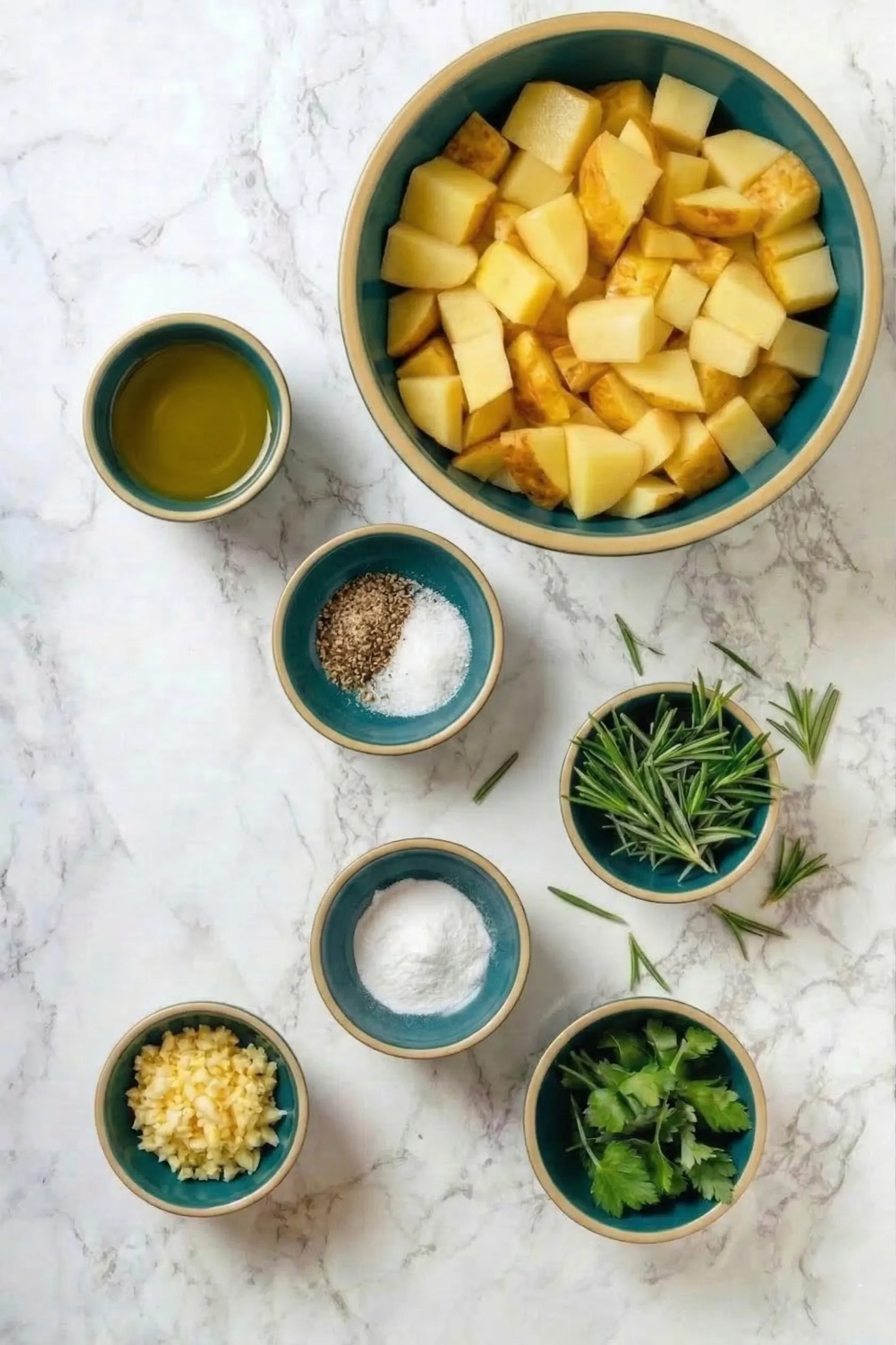Overhead view of ingredients for crispy roasted potatoes organized in teal bowls on a white marble countertop, including diced potatoes, olive oil, salt, pepper, baking soda, minced garlic, rosemary, and fresh parsley.