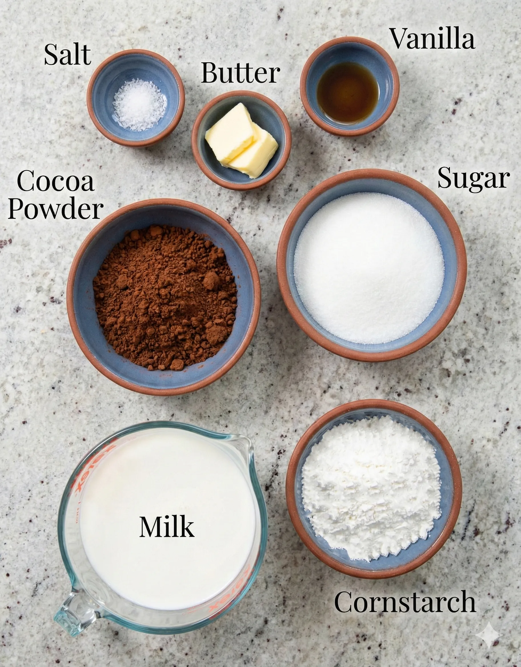 Overhead view of the seven simple ingredients needed for an easy chocolate pudding recipe from scratch, including milk, cornstarch, sugar, cocoa powder, vanilla, butter, and salt, neatly arranged in rustic bowls with text labels on a speckled countertop.