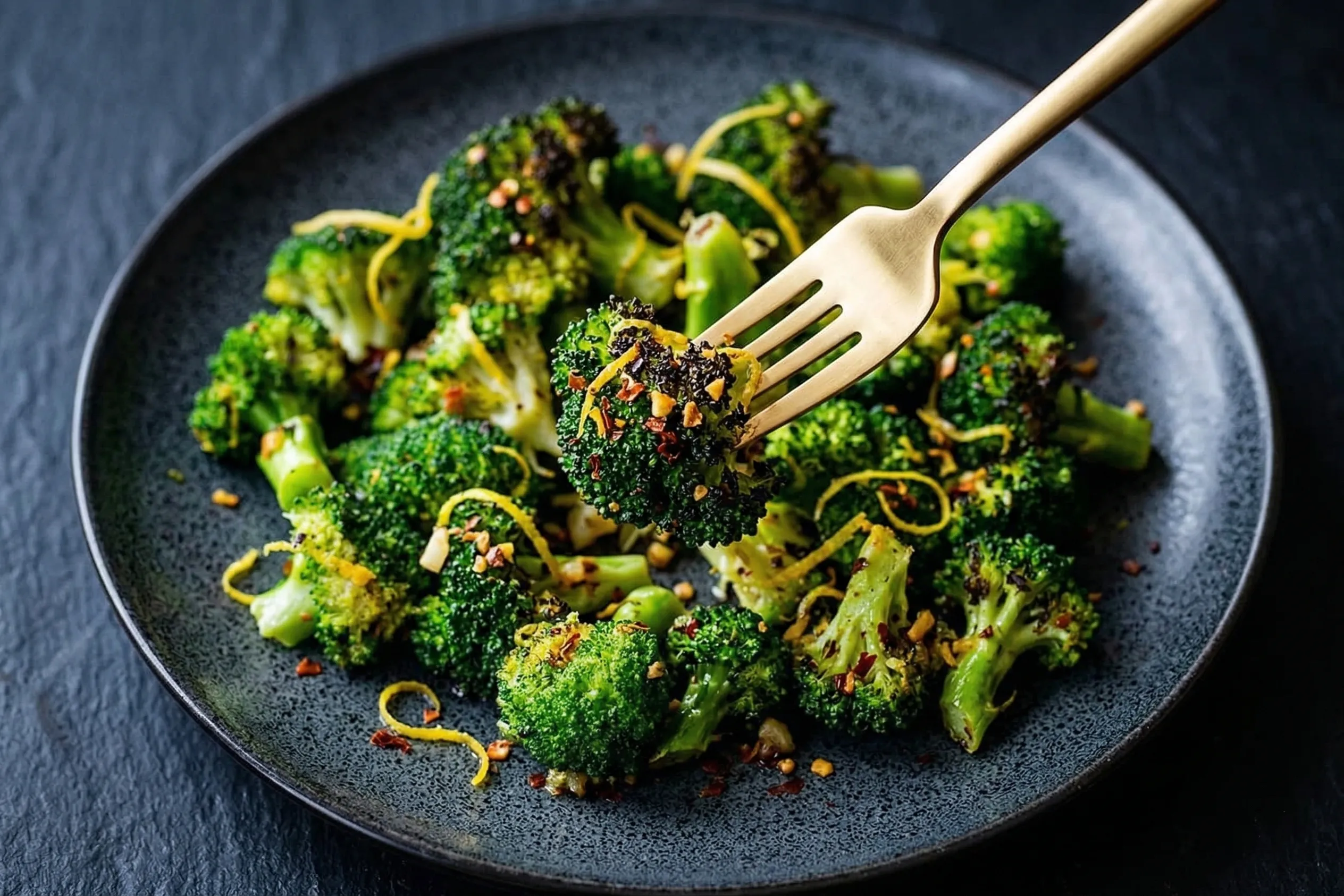 A close-up of a dark textured plate filled with vibrant, tender-crisp steamed broccoli florets. A gold fork lifts a single piece toward the camera, showcasing a glossy finish  from extra virgin olive oil, chopped garlic, bright yellow lemon zest, and red chili flakes.