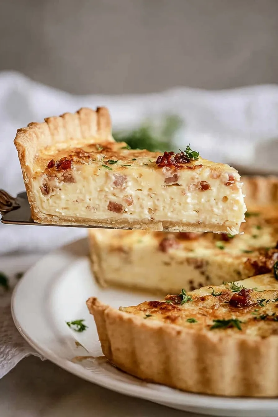 A close-up photograph of a thick slice of classic quiche lorraine being lifted on a silver pie server, revealing a creamy, rich custard loaded with savory ham pieces inside a beautifully flaky, golden fluted crust.