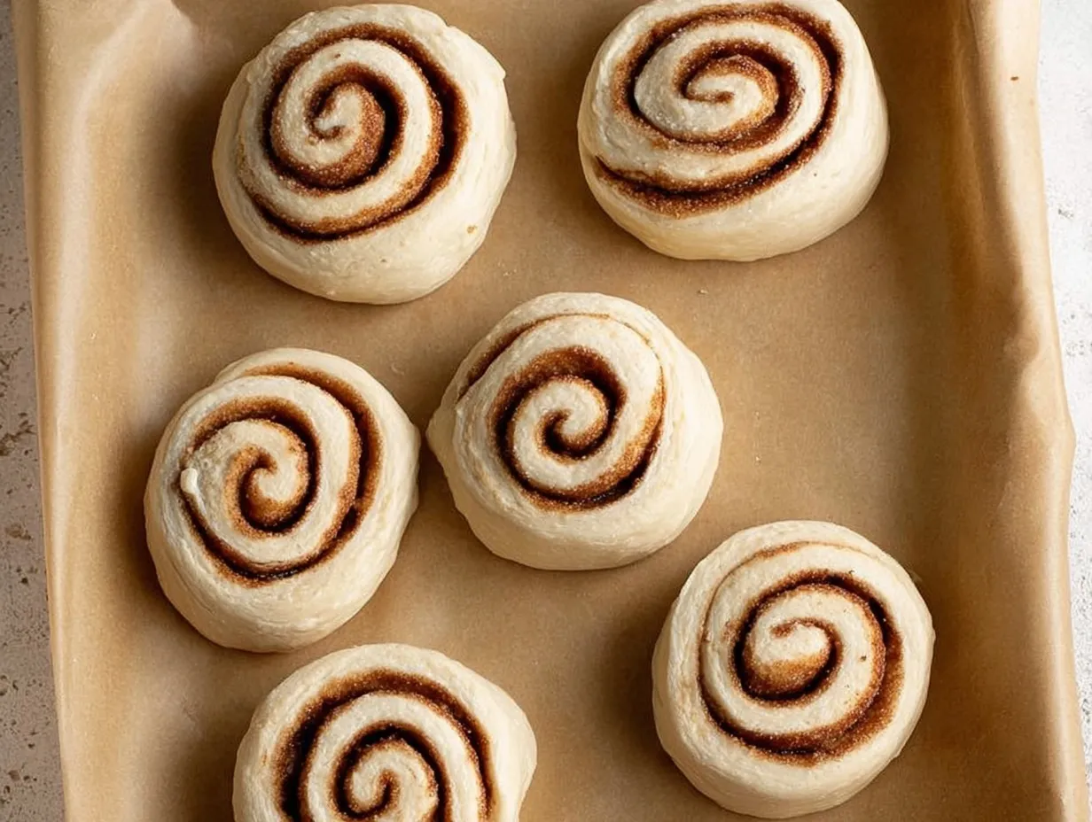 Overhead shot of six unbaked homemade cinnamon rolls with visible brown sugar spirals, spaced apart on a parchment-lined baking sheet.