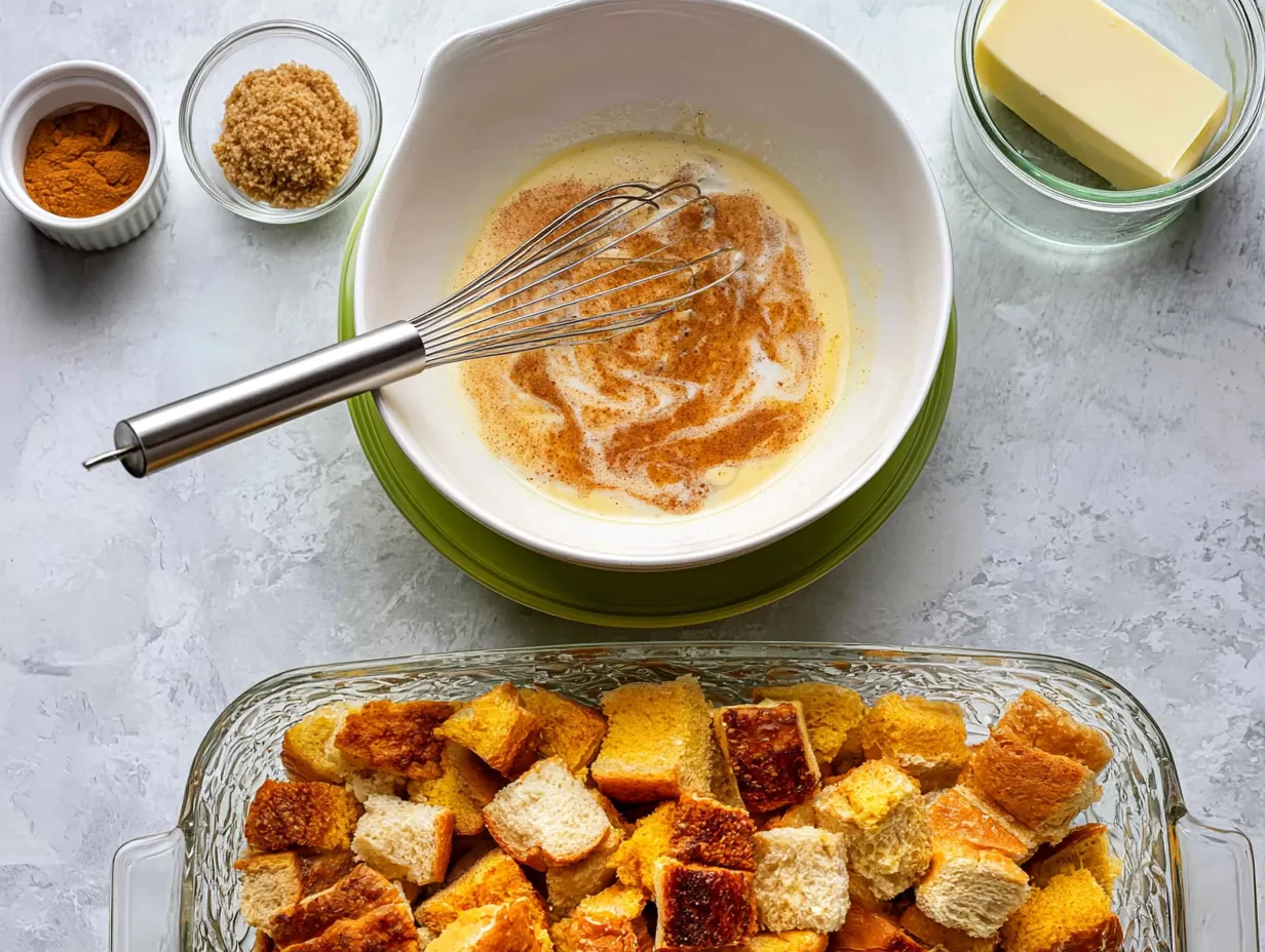 Top-down view of French toast casserole preparation on a light gray countertop. A white bowl holds a partially whisked custard of milk, eggs, and cinnamon with a metal whisk resting inside. Below it sits a clear glass baking dish filled with golden bread cubes, surrounded by small prep bowls containing cinnamon, brown sugar, and a stick of butter.