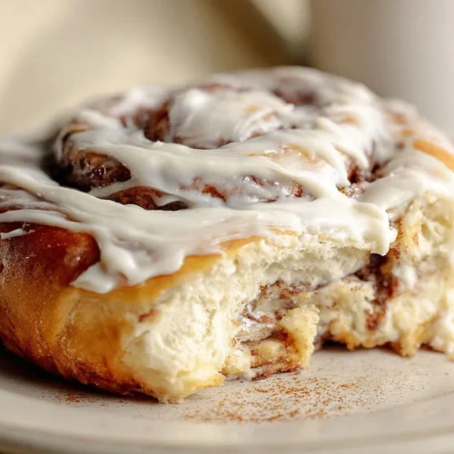 Close-up of a single frosted homemade cinnamon roll on a cream-colored plate with a large bite taken out, revealing its incredibly soft, fluffy interior and dark cinnamon swirls.