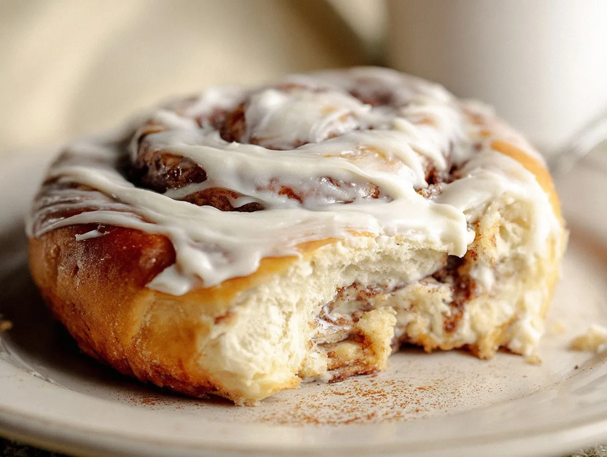 Close-up of a single frosted homemade cinnamon roll on a cream-colored plate with a large bite taken out, revealing its incredibly soft, fluffy interior and dark cinnamon swirls.