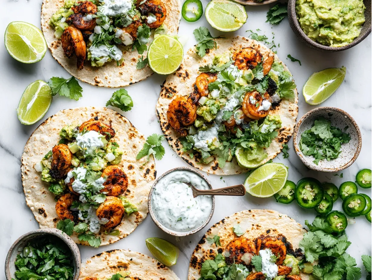 An overhead view of a vibrant taco spread on a white marble countertop. Four assembled tacos feature charred tortillas topped with seasoned, pan-seared shrimp, mashed avocado, fresh cilantro, and a generous drizzle of creamy white sauce. Small bowls of extra crema, guacamole, chopped cilantro, and sliced jalapeños are scattered around the scene alongside fresh lime halves.