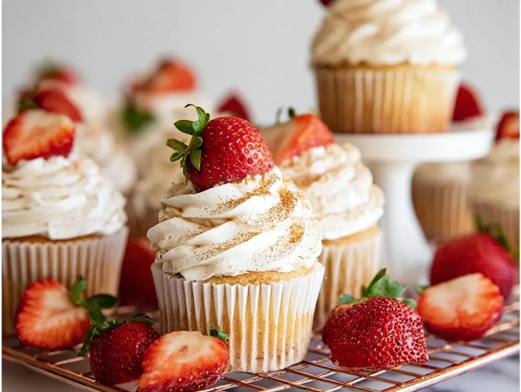 A close-up shot of a freshly made tres leches cupcake topped with a tall swirl of whipped cream, a dusting of cinnamon, and a whole fresh strawberry, resting on a rose-gold cooling rack surrounded by more cupcakes and sliced berries.