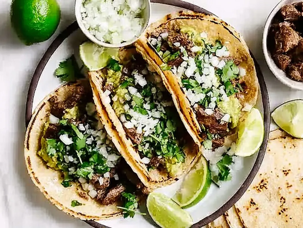 An overhead shot of three authentic carne asada tacos with corn tortillas , generously loaded with tender grilled steak and classic carne asada tacos toppings cilantro onion guacamole. The plate is surrounded by fresh lime wedges and small prep bowls filled with extra diced onions and chopped meat.