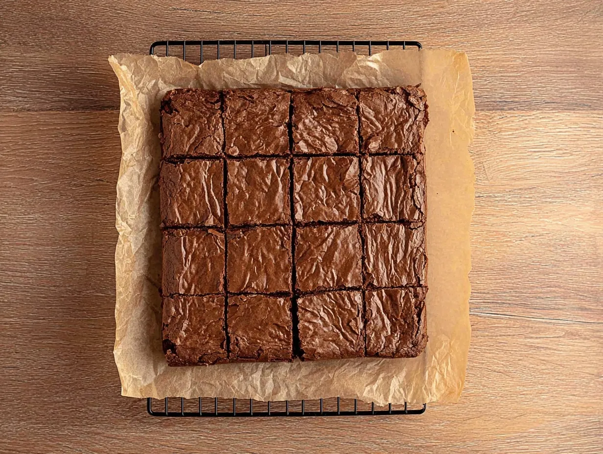 freshly baked Mexican Spiced Chocolate Brownies An overhead shot of a batch of freshly baked Mexican Spiced Chocolate Brownies resting on crumpled parchment paper and a black wire cooling rack. The brownies are cut into sixteen neat squares and feature a beautifully glossy, crinkly top against a warm wooden table background.