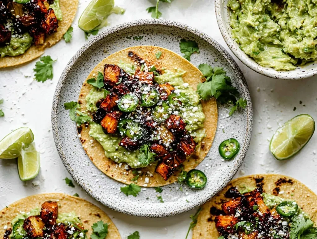 Overhead shot of a homemade street taco al pastor on a speckled plate, layered with mashed avocado, deeply caramelized meat, grilled pineapple, jalapeños, cilantro, and cotija cheese, surrounded by lime wedges and a bowl of guacamole.