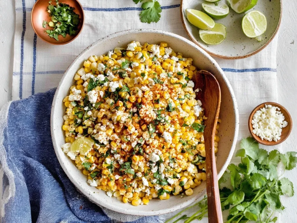 An overhead view of a large, speckled bowl filled with Mexican street corn salad. The bright yellow corn is topped with crumbled white cheese, chopped fresh cilantro, and a dusting of red chili powder. A wooden serving spoon rests in the bowl, which sits on top of blue and white striped linens, surrounded by small dishes of extra cheese, lime wedges, and a fresh bunch of cilantro.