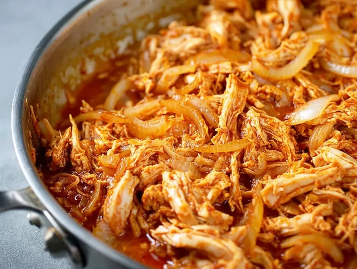 shredded chicken and sliced onions A close-up shot of shredded chicken and sliced onions simmering in a glossy, vibrant red chipotle sauce inside a stainless steel skillet.