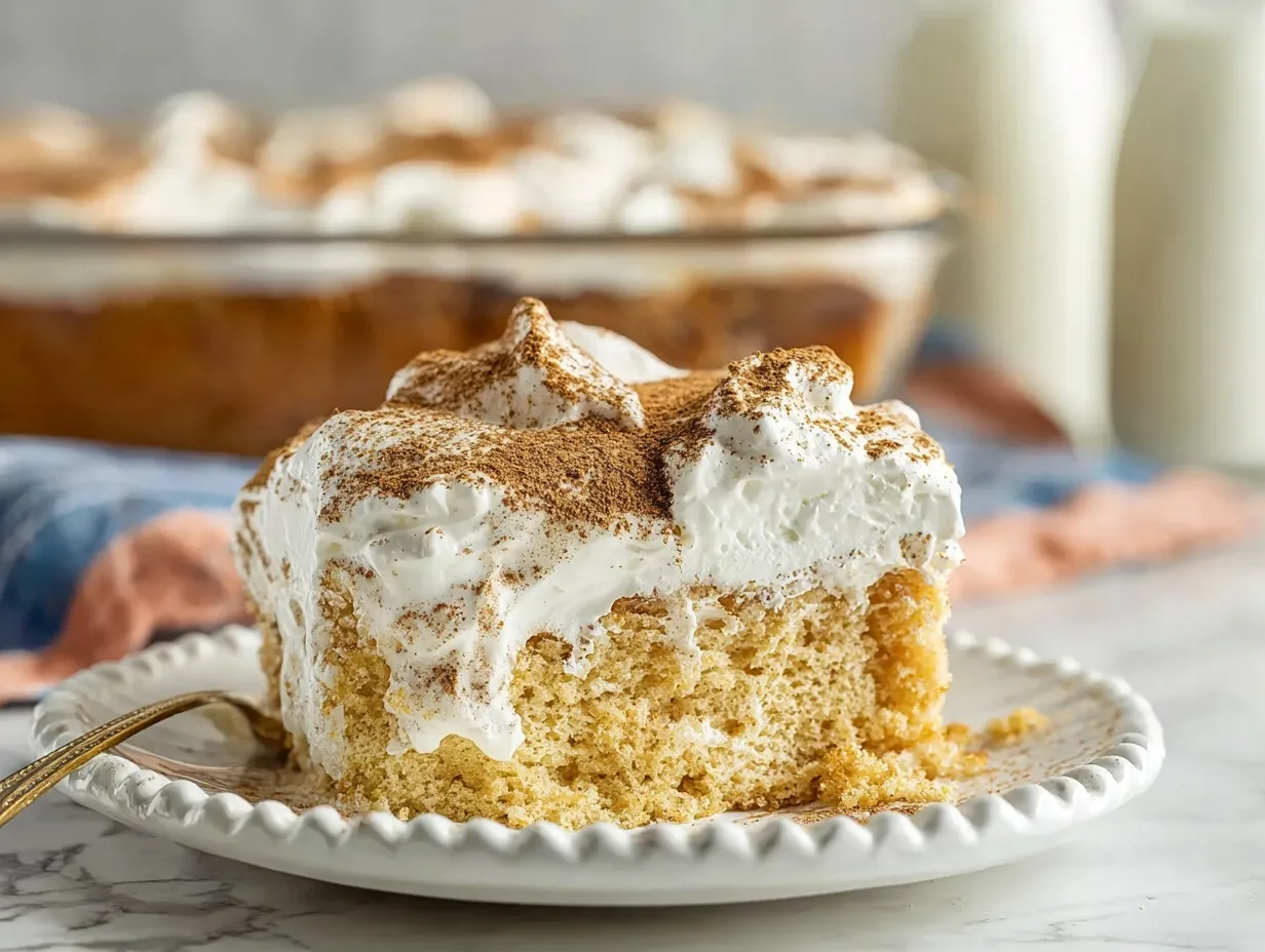 slice of tres leches cake A close-up of a plated slice of authentic tres leches cake soaked in three milks, topped with fluffy whipped cream and cinnamon, with a gold fork resting on the white plate.