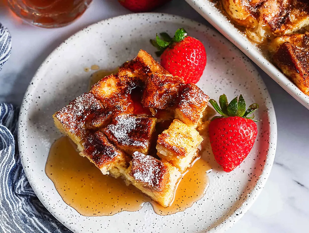 Top-down view of a thick slice of baked French toast casserole on a white speckled plate. The golden-brown, cubed bread is lightly dusted with powdered sugar, resting in a generous pool of maple syrup alongside two fresh red strawberries.