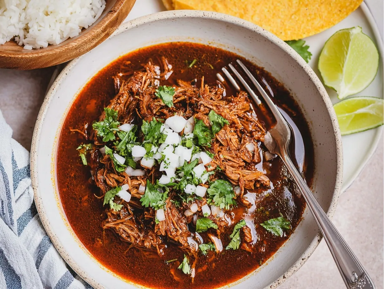 Overhead shot of a shallow ceramic bowl filled with shredded beef birria sitting in a dark red consommé, topped with diced white onions and fresh cilantro. It is surrounded by a wooden bowl of white rice, fresh lime wedges, and corn tortillas.