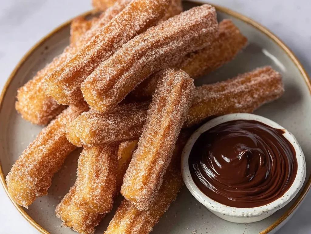 A close-up overhead shot of a light grey plate piled high with golden, star-piped churros coated in cinnamon sugar, served alongside a small white bowl of thick, swirled dark chocolate dipping sauce.
