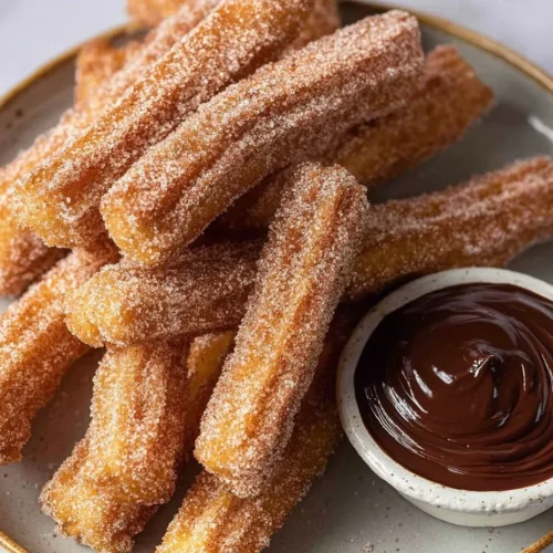A close-up overhead shot of a light grey plate piled high with golden, star-piped churros coated in cinnamon sugar, served alongside a small white bowl of thick, swirled dark chocolate dipping sauce.