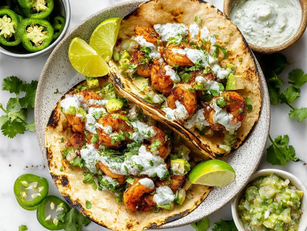 A close-up, overhead view of two assembled shrimp tacos resting on a speckled plate. The charred tortillas are filled with seasoned, pan-seared shrimp, diced avocado, and fresh cilantro, and are generously drizzled with a creamy white sauce. The plate sits on a white marble surface surrounded by fresh lime wedges, scattered cilantro leaves, sliced jalapeños, and small bowls containing extra crema and salsa verde.