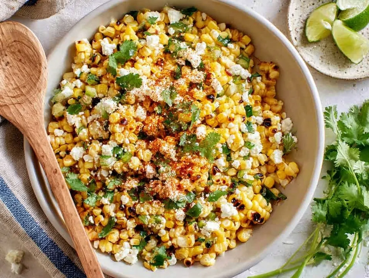 A close-up overhead view of beautifully charred Mexican street corn salad in a light ceramic bowl, garnished with crumbled cotija cheese, fresh cilantro leaves, and a dusting of red chili powder. A wooden serving spoon rests on a blue and beige striped napkin to the left, with fresh lime wedges on a small speckled plate in the top right corner.