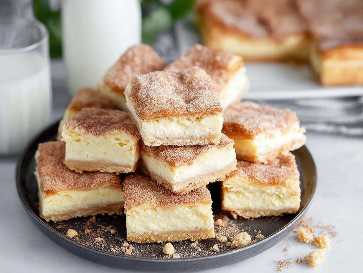 A large stack of square churro cheesecake bars on a dark plate, featuring a thick cream cheese filling and cinnamon sugar crust, with a glass of milk in the background.