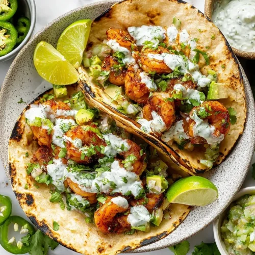 A close-up, overhead view of two assembled shrimp tacos resting on a speckled plate. The charred tortillas are filled with seasoned, pan-seared shrimp, diced avocado, and fresh cilantro, and are generously drizzled with a creamy white sauce. The plate sits on a white marble surface surrounded by fresh lime wedges, scattered cilantro leaves, sliced jalapeños, and small bowls containing extra crema and salsa verde.