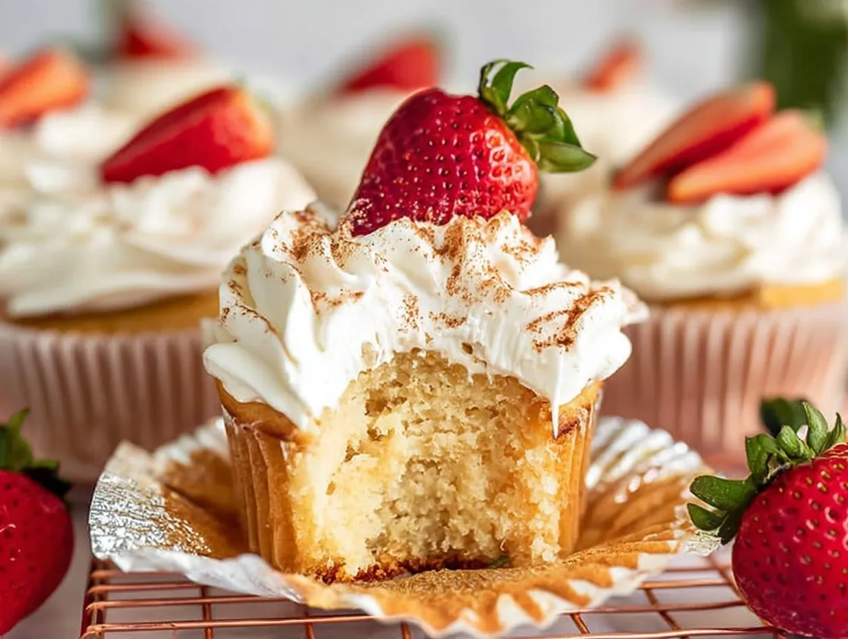 Close-up of a bitten homemade tres leches cupcake sitting on a peeled-back foil liner, revealing a highly moist, soaked crumb. The cupcake rests on a wire rack and is topped with fluffy whipped cream, a sprinkle of cinnamon, and a fresh whole strawberry.
