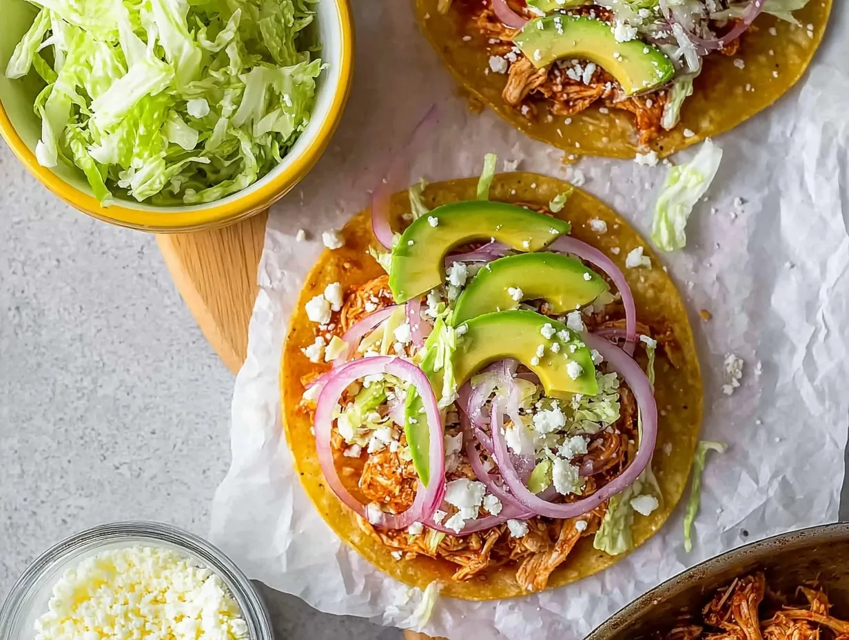 loaded chicken tinga tostadas An overhead view of two fully loaded chicken tinga tostadas resting on crumpled white parchment paper. The crispy, golden shells are piled high with saucy shredded chicken, shredded iceberg lettuce, thinly sliced red onion rings, fresh avocado slices, and crumbled cotija cheese. Small bowls of extra lettuce and cheese sit nearby alongside a peek at a skillet filled with the smoky chicken tinga.