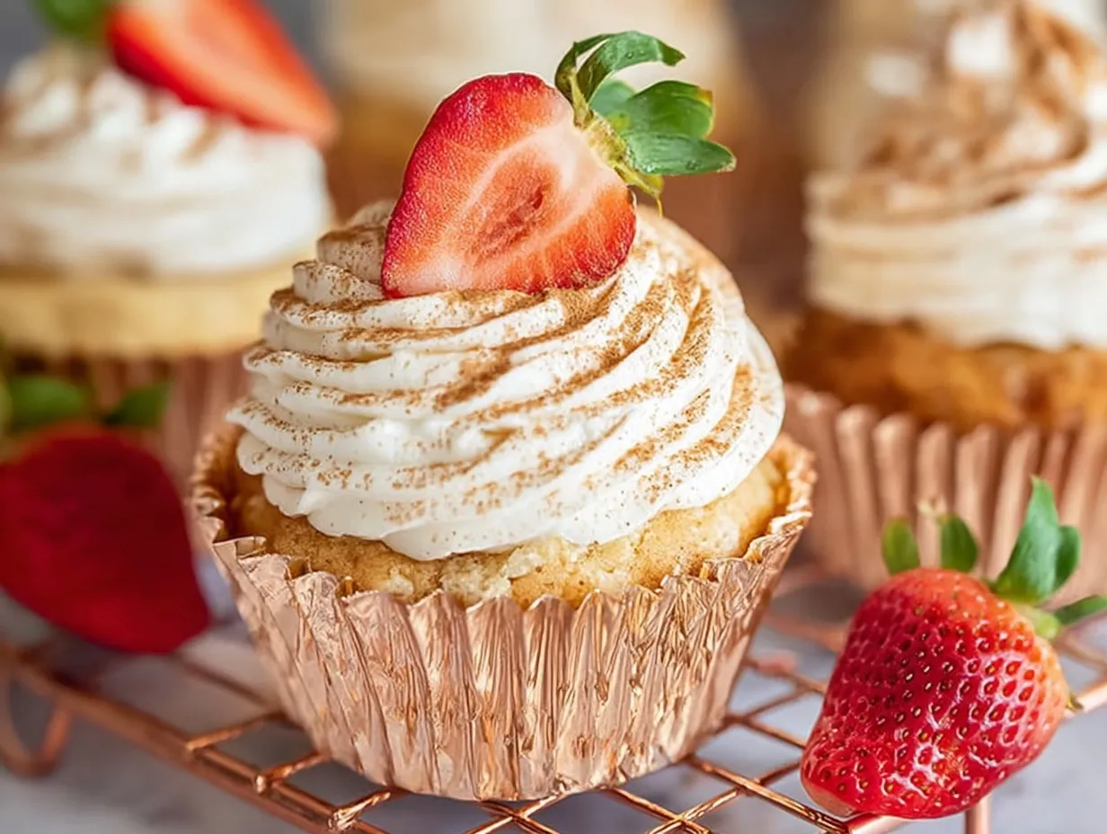 Close-up of a frosted tres leches cupcake in a shiny rose-gold foil liner, topped with a tall swirl of whipped cream, a dusting of cinnamon, and a fresh strawberry half, resting on a copper cooling rack.