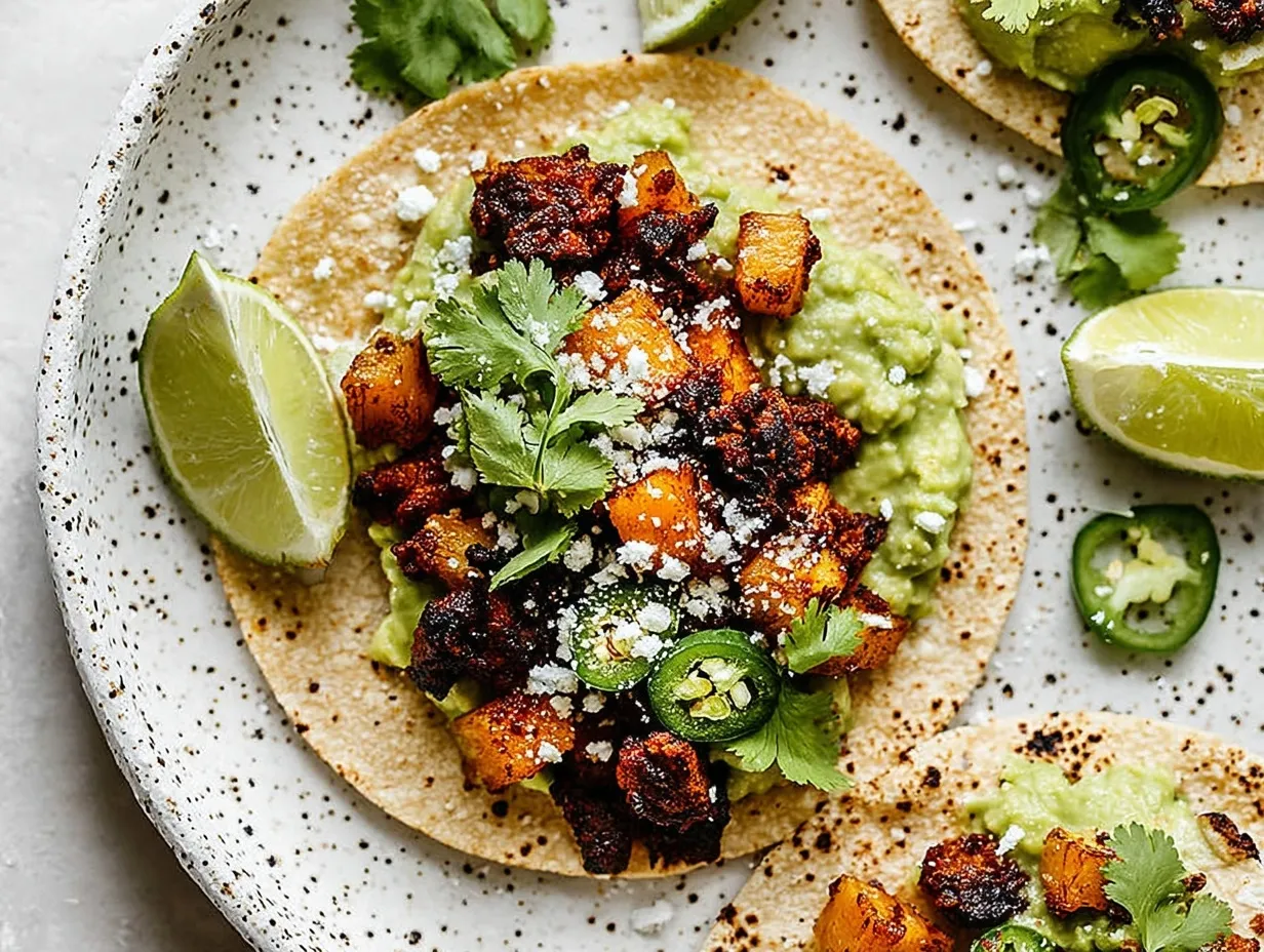 Overhead view of an open-faced authentic street taco al pastor on a speckled plate, layered with mashed avocado, caramelized pork, grilled pineapple, cotija cheese, fresh cilantro, and sliced jalapeños, with lime wedges nearby.