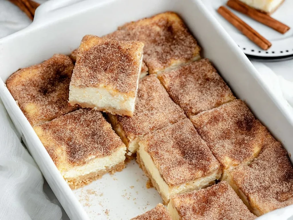 A white baking dish filled with pre-cut churro cheesecake bars, highlighting the thick cream cheese center and cinnamon-sugar crust on a lifted slice.