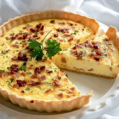 A baked classic quiche lorraine in a white fluted tart pan with one slice pulled away, revealing a creamy custard filling studded with bacon bits and a flaky crust.