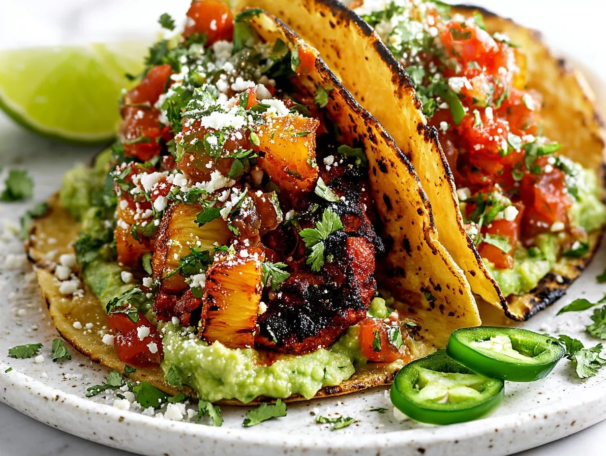 Close-up of two folded street tacos al pastor on a speckled white plate, filled with creamy avocado, deeply charred pork, grilled pineapple, fresh salsa, cilantro, and cotija cheese, garnished with jalapeño slices and a lime wedge.