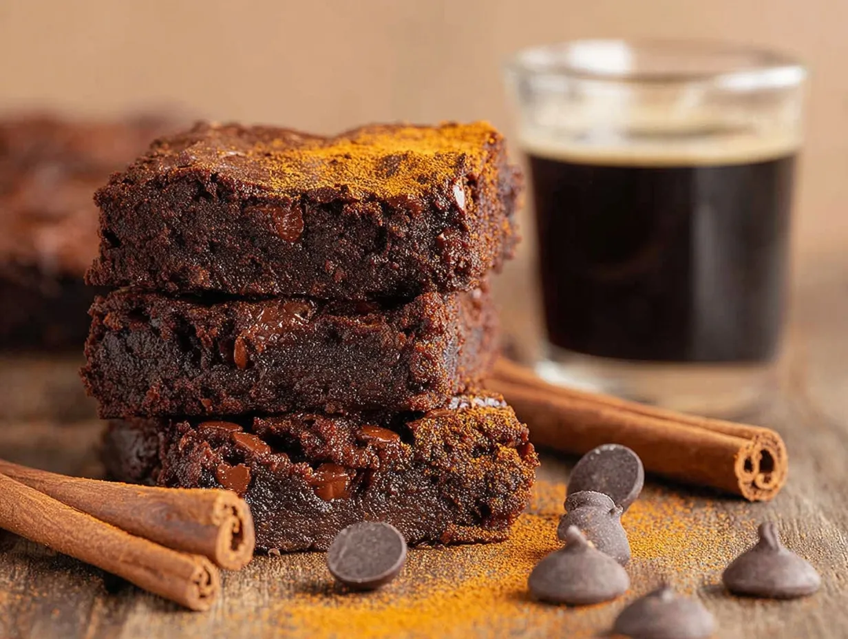Mexican Spiced Chocolate Brownies A close-up shot of three thick, fudgy Mexican spiced chocolate brownies stacked on a rustic wooden board. The top brownie is dusted with cinnamon, and the stack is surrounded by whole cinnamon sticks, scattered chocolate chips, and a small glass of dark espresso in the background.