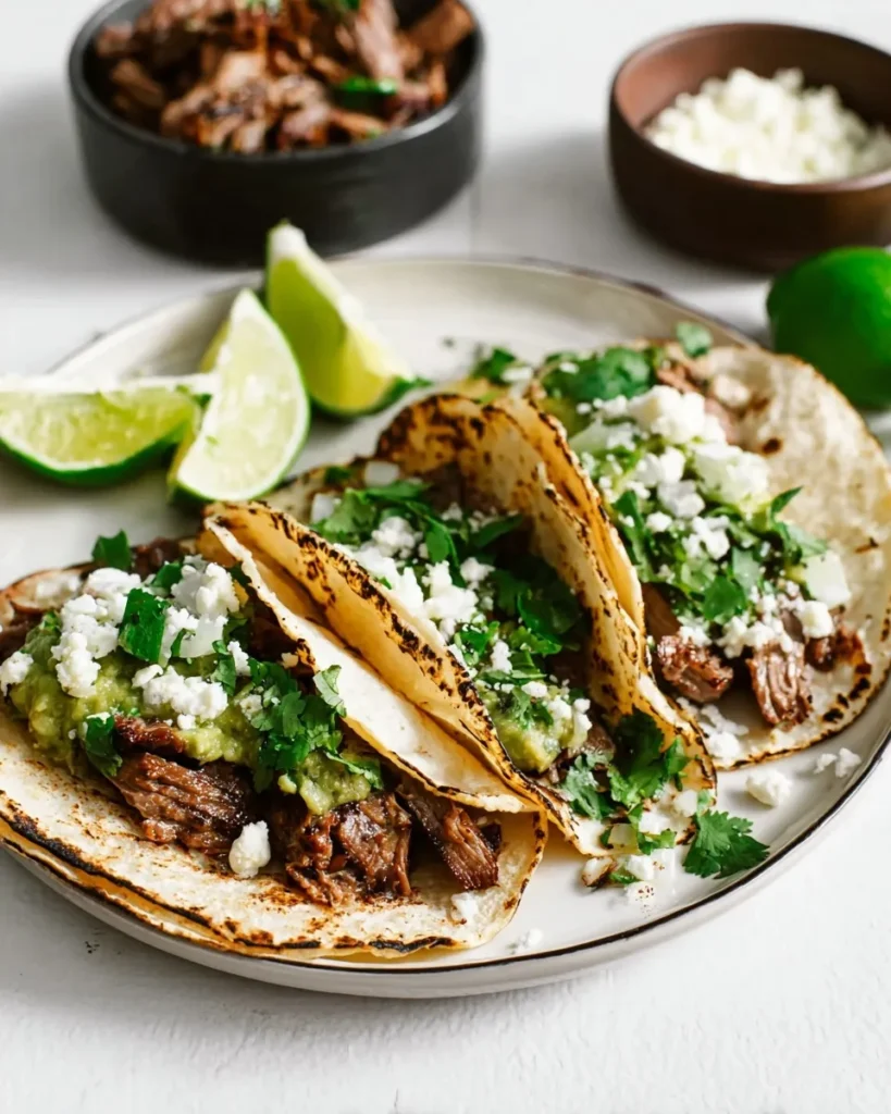 A close-up shot of three authentic carne asada tacos with corn tortillas, filled with tender grilled steak, mashed avocado, crumbled cotija cheese, diced onions, and fresh cilantro, plated alongside fresh lime wedges.