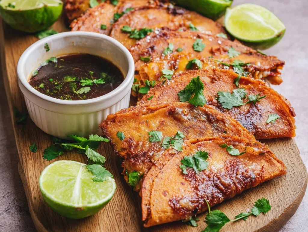 Close-up of crispy, red-tinted birria tacos arranged on a wooden board next to a white ramekin of dark consommé dipping broth, garnished with fresh cilantro and lime wedges.