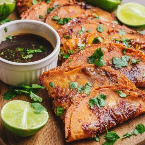 Close-up of crispy, red-tinted birria tacos arranged on a wooden board next to a white ramekin of dark consommé dipping broth, garnished with fresh cilantro and lime wedges.