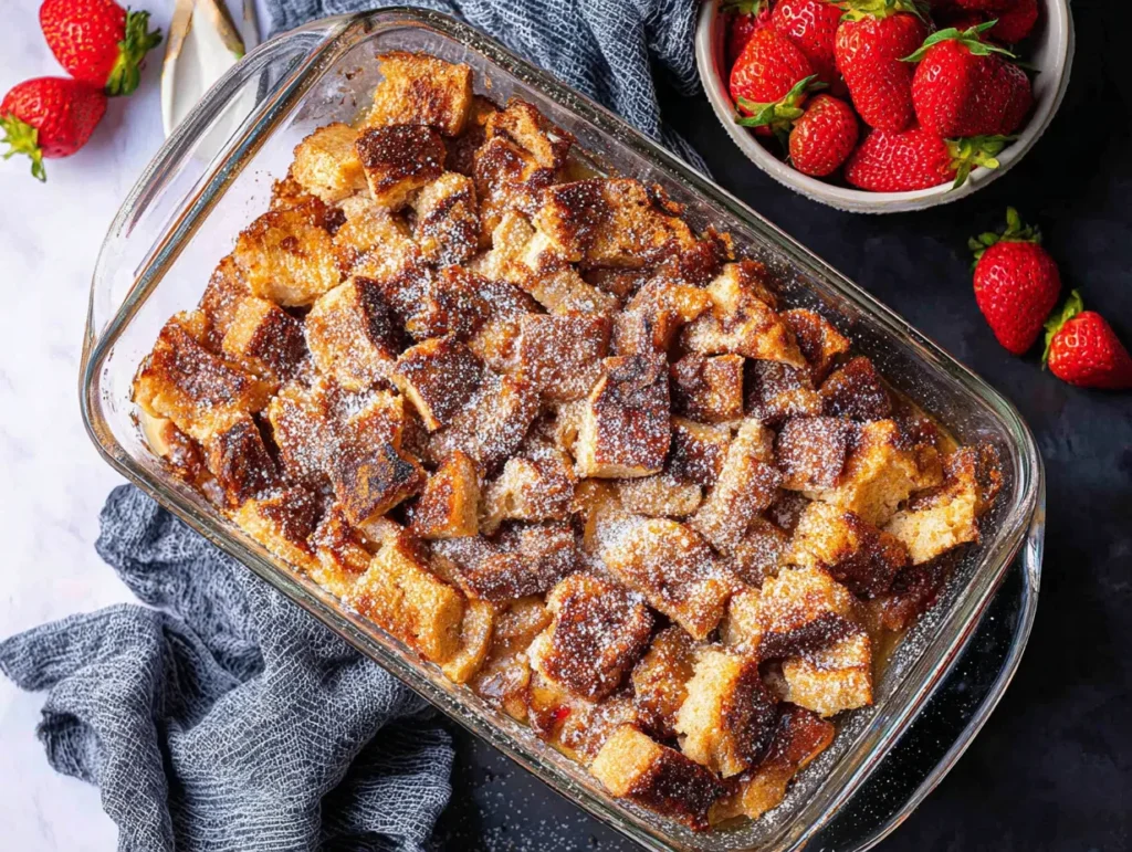 A golden-brown baked French toast casserole in a clear glass 9x13 baking dish, generously dusted with powdered sugar. The dish rests on a dark surface next to a textured blue kitchen cloth and a small bowl overflowing with fresh red strawberries.