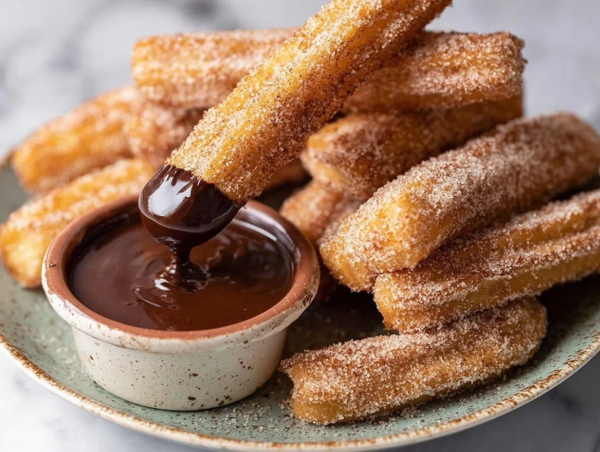 cinnamon-sugar coated churro A close-up shot of a golden, cinnamon-sugar coated churro being dipped into a small rustic bowl of glossy dark chocolate sauce, resting on a light green plate filled with a stack of fresh churros.