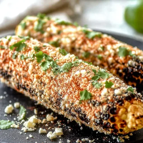 Close-up shot of two perfectly charred ears of Mexican Street Corn (Elote) resting on a dark plate, heavily coated with creamy sauce, crumbled cotija cheese, chili powder, and fresh cilantro.