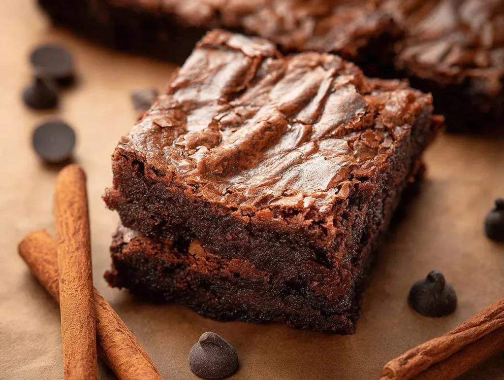 A close-up shot of a thick, fudgy Mexican spiced chocolate brownie resting on brown parchment paper. The brownie features a shiny, crinkly top crust and is surrounded by whole cinnamon sticks and scattered semi-sweet chocolate chips.