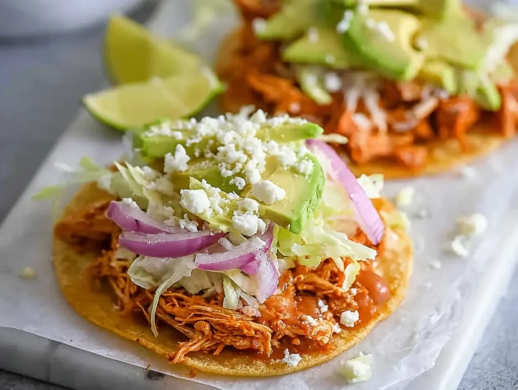 Close-up of two fully assembled chicken tinga tostadas resting on parchment paper over a white board. The crispy golden shells are layered with saucy shredded chicken, refried beans, shredded iceberg lettuce, sliced red onions, fresh avocado, and crumbled white cotija cheese. Fresh lime wedges sit in the softly blurred background.