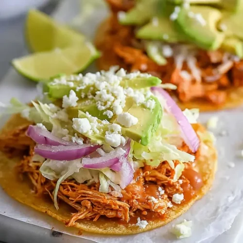 Close-up of two fully assembled chicken tinga tostadas resting on parchment paper over a white board. The crispy golden shells are layered with saucy shredded chicken, refried beans, shredded iceberg lettuce, sliced red onions, fresh avocado, and crumbled white cotija cheese. Fresh lime wedges sit in the softly blurred background.