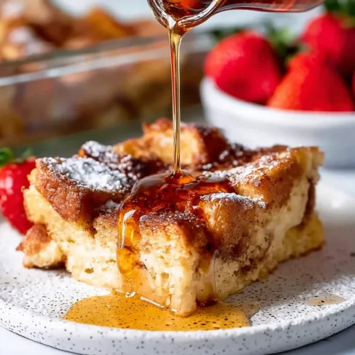 Close-up of a thick slice of baked French toast casserole dusted with powdered sugar on a speckled plate. Maple syrup is being poured over the fluffy center and golden-brown crust, with fresh strawberries and the remaining casserole blurred in the background.