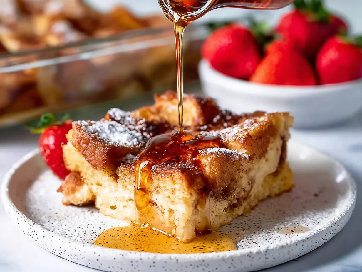 Close-up of a thick slice of baked French toast casserole dusted with powdered sugar on a speckled plate. Maple syrup is being poured over the fluffy center and golden-brown crust, with fresh strawberries and the remaining casserole blurred in the background.