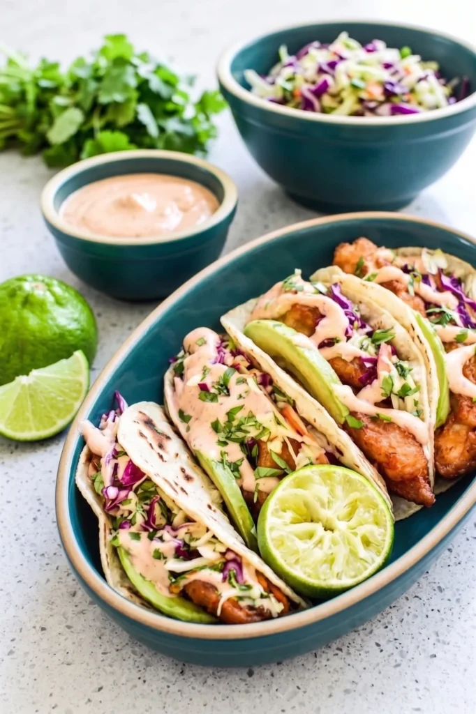 Alt Text A close-up of four assembled Baja fish tacos in a teal oval serving dish, topped with fresh avocado slices, purple and green cabbage slaw, and a drizzle of pink chipotle mayo. Small teal bowls of extra slaw and sauce, along with fresh limes and cilantro, sit in the background on a bright, speckled countertop.