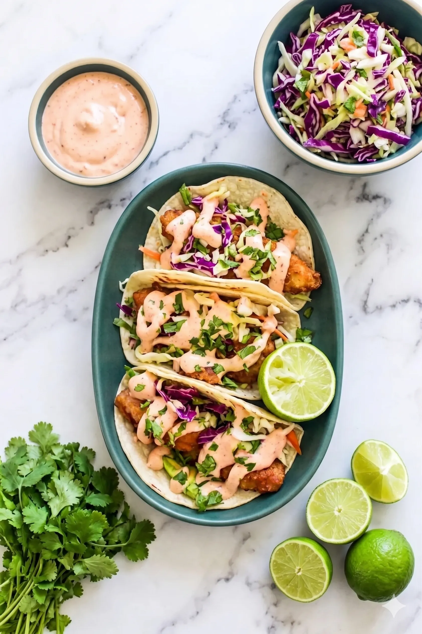 Baja Fish Tacos An overhead view of crispy beer-battered Baja fish tacos with creamy cabbage slaw and lime, plated on a teal oval dish alongside bowls of extra slaw, chipotle mayo, and fresh cilantro on a white marble surface.