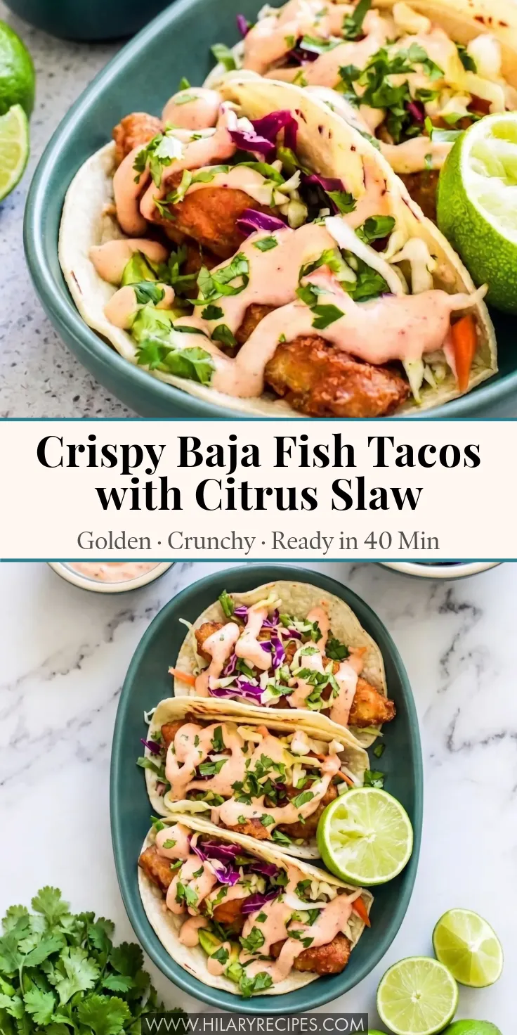 Baja Fish Tacos with Slaw pin A split-panel graphic featuring crispy beer-battered Baja fish tacos with creamy cabbage slaw and lime, finished with a generous drizzle of pink chipotle mayo and served on a teal platter.