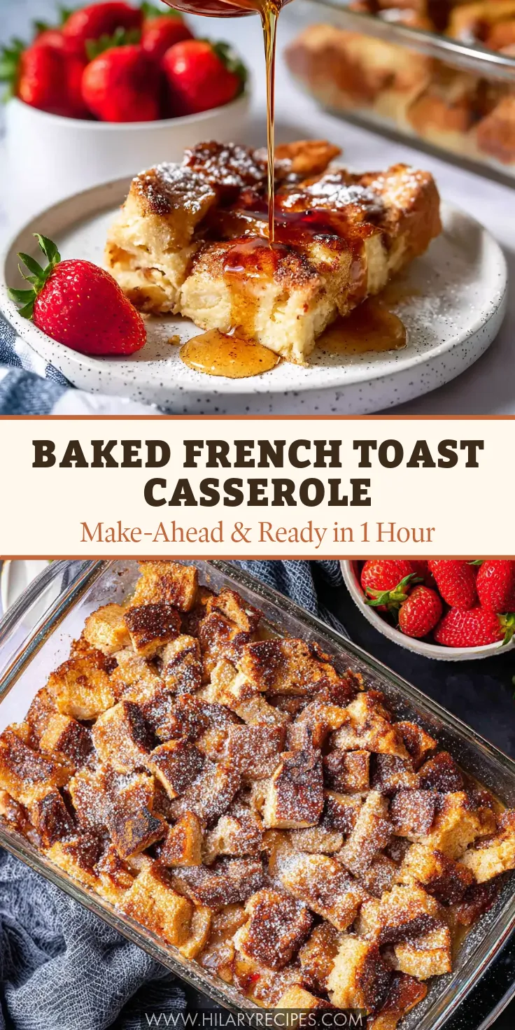 A tall collage graphic for Baked French Toast Casserole. The top image shows a close-up of a slice on a speckled plate dusted with powdered sugar, with maple syrup being poured over it alongside fresh strawberries. The middle text band reads "BAKED FRENCH TOAST CASSEROLE - Make-Ahead & Ready in 1 Hour". The bottom image displays a full glass 9x13 baking dish of golden-brown, cubed French toast casserole sprinkled with powdered sugar, resting on a dark surface next to a blue towel and a bowl of strawberries.